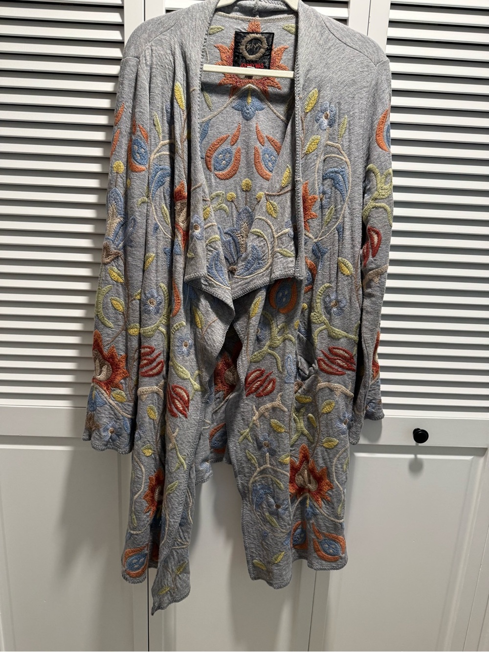 Johnny Was Gray Open-Front Cardigan with Multicolor Floral Embroidery